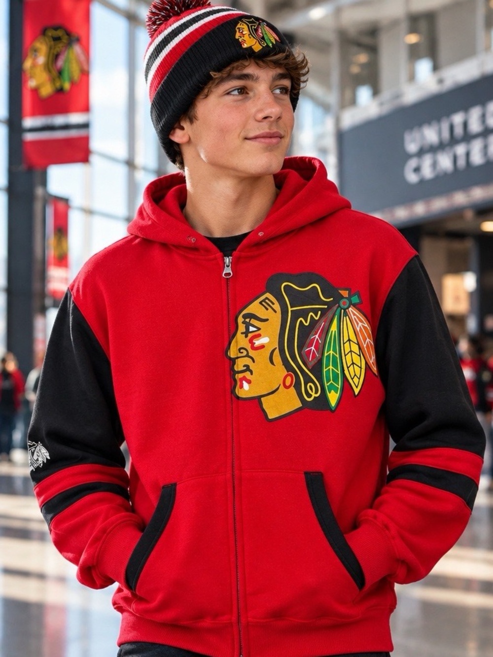 NHL Chicago Blackhawks Youth Zip Up Hoodie Red Black Size L 14/16
